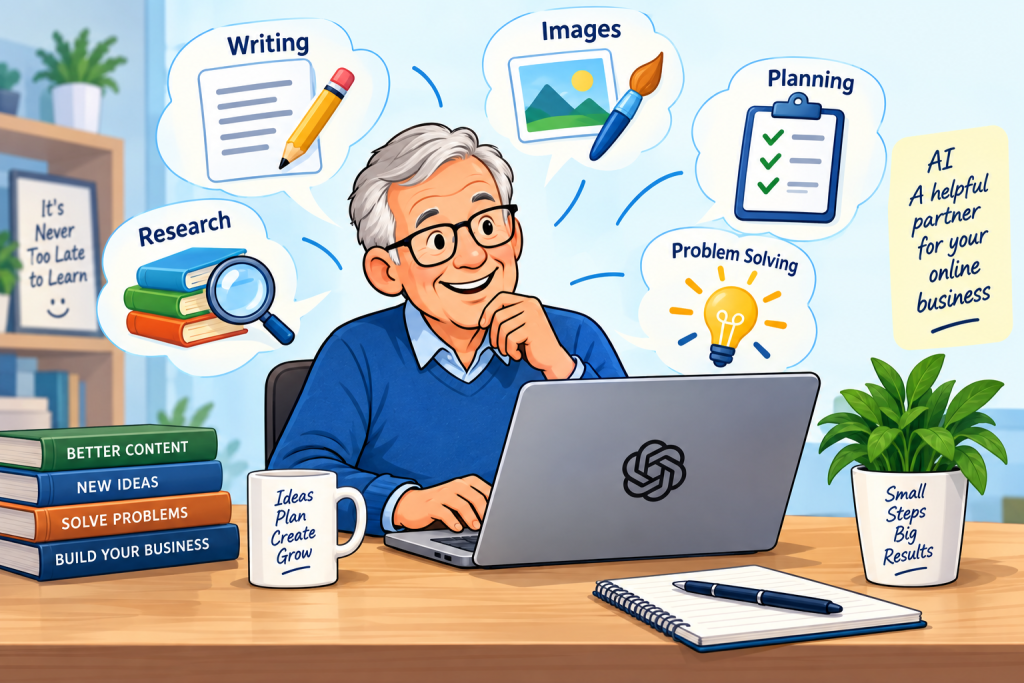 Illustration of an online business owner using AI to help with writing, research, images, planning and problem-solving.